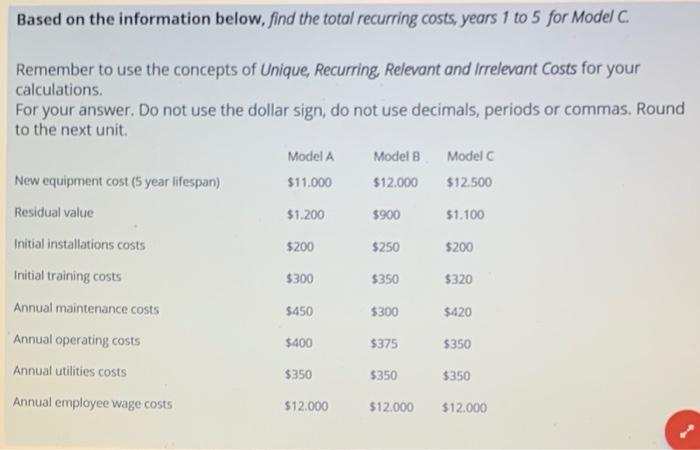  Based on the information below, find the total recurring costs, years