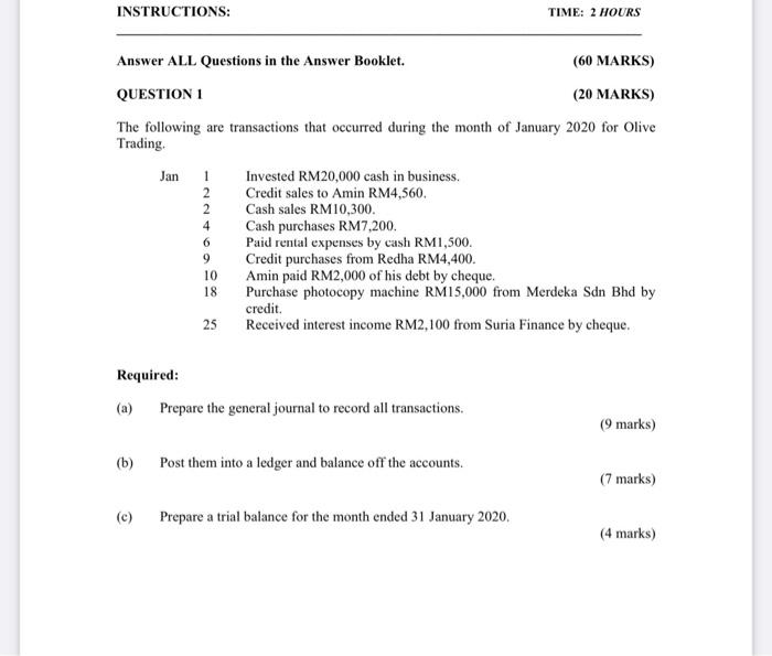  INSTRUCTIONS: TIME: 2 HOURS Jan Answer ALL Questions in the Answer