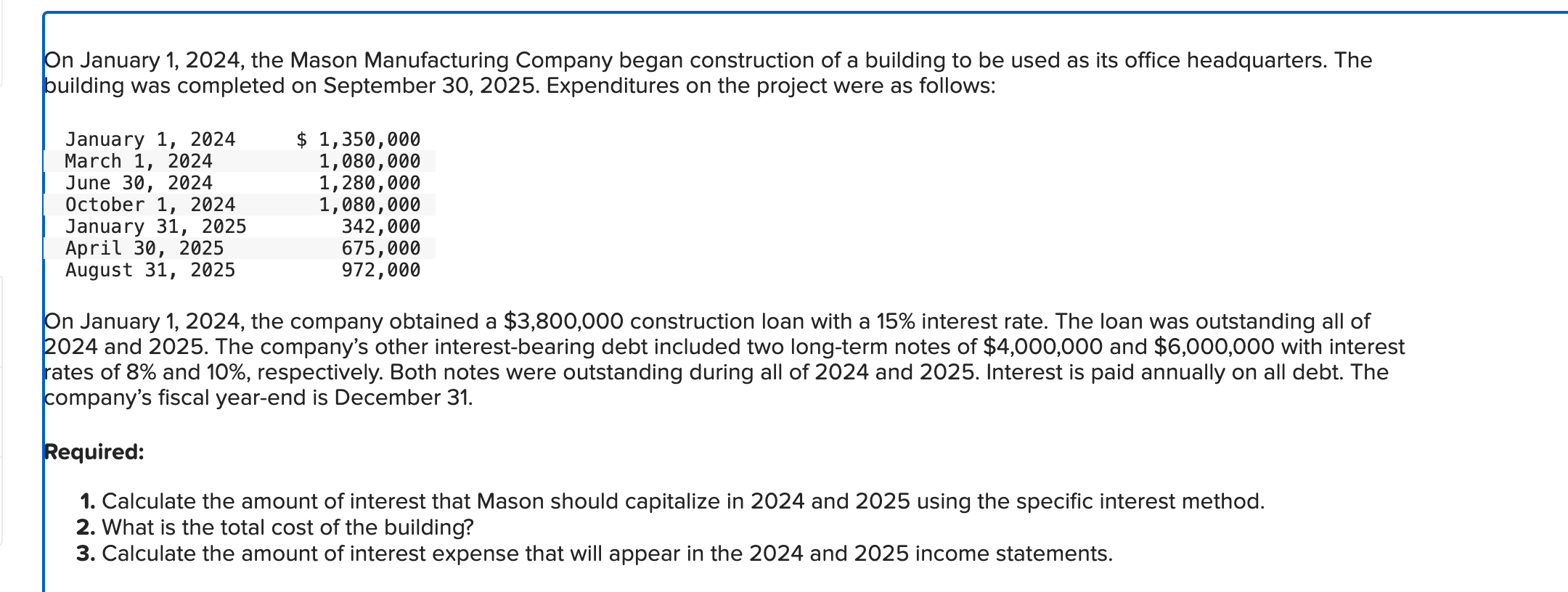  On January 1,2024, the Mason Manufacturing Company began construction of a