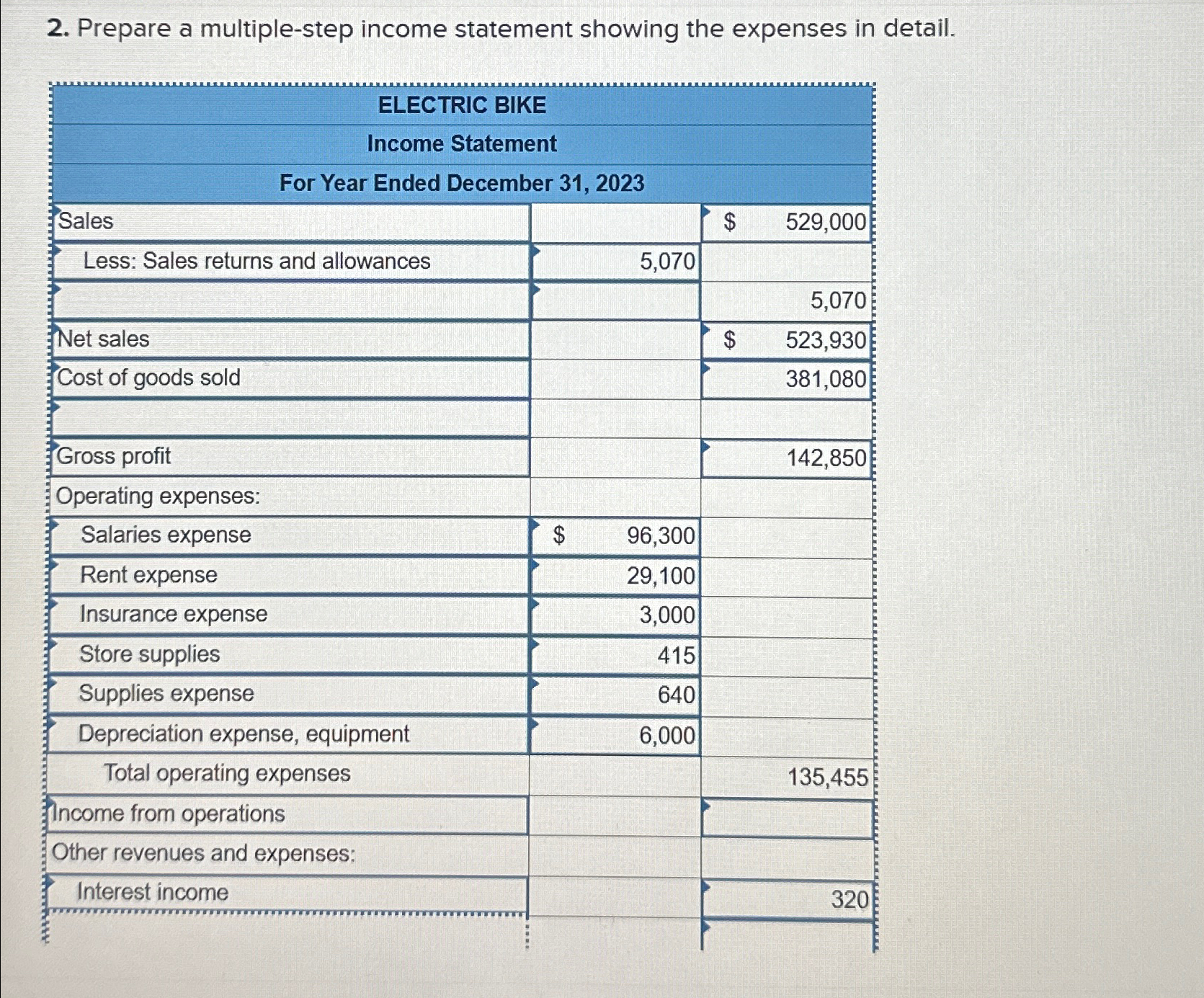 Prepare a multiple-step income statement showing the expenses in detail. \table[[ELECTRIC