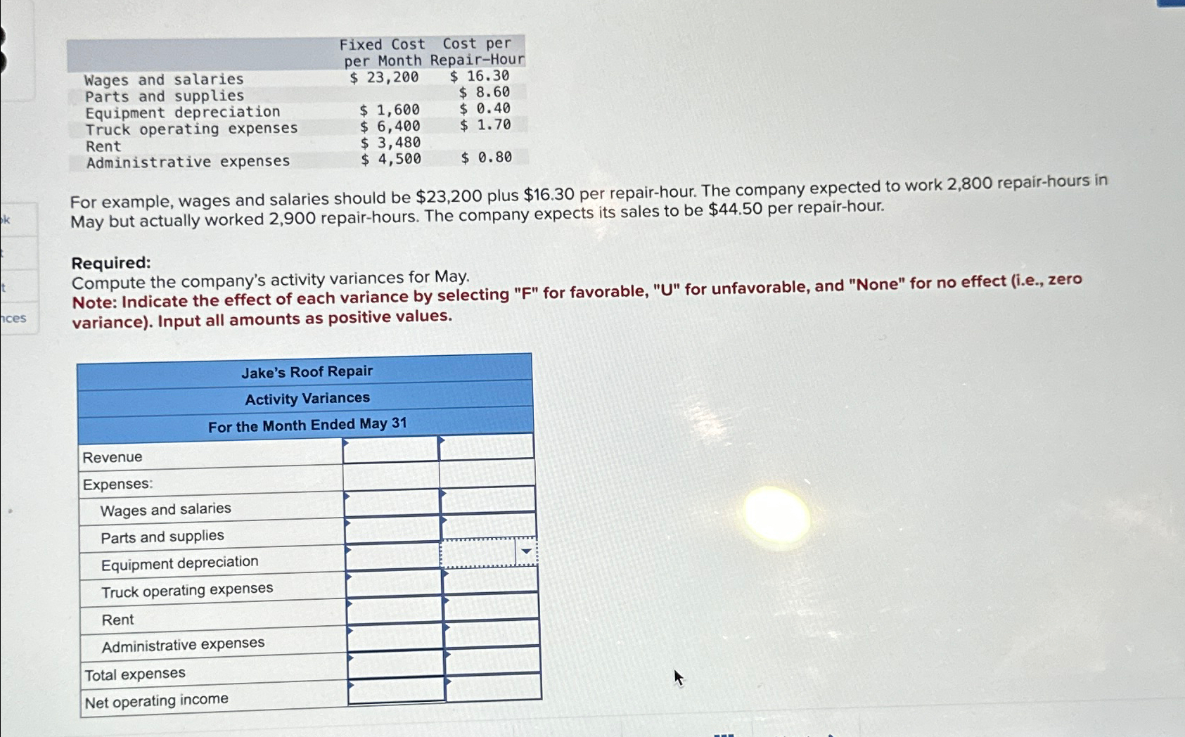  \table[[,\table[[Fixed Cost],[per Month]],\table[[Cost per],[Repair-Hour]]],[Wages and salaries,$23,200,$16.30 