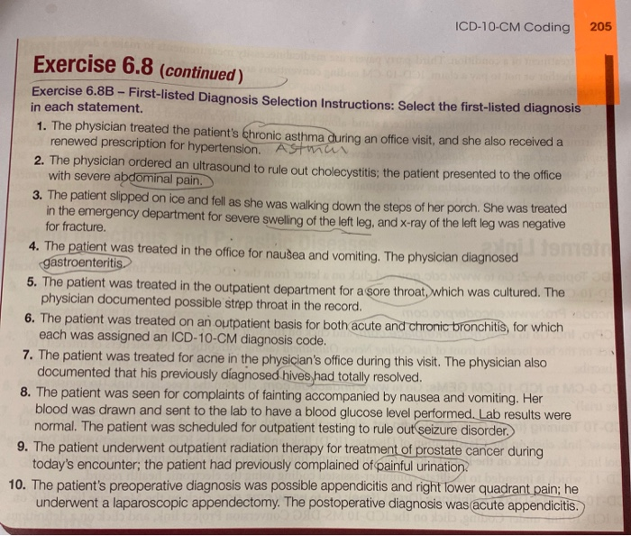  ICD-10-CM Coding 205 Exercise 6.8 (continued) Exercise 6.8B - First-listed Diagnosis