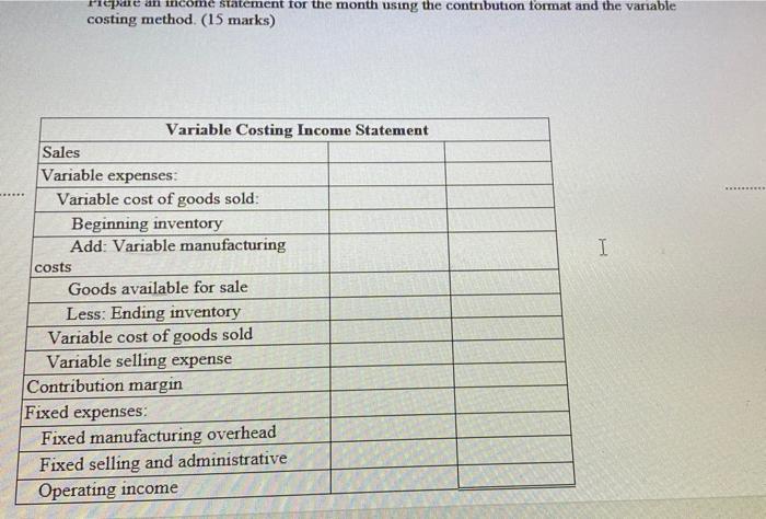 manufacturing I costs Goods available for sale Less: Ending inventory Variable cost