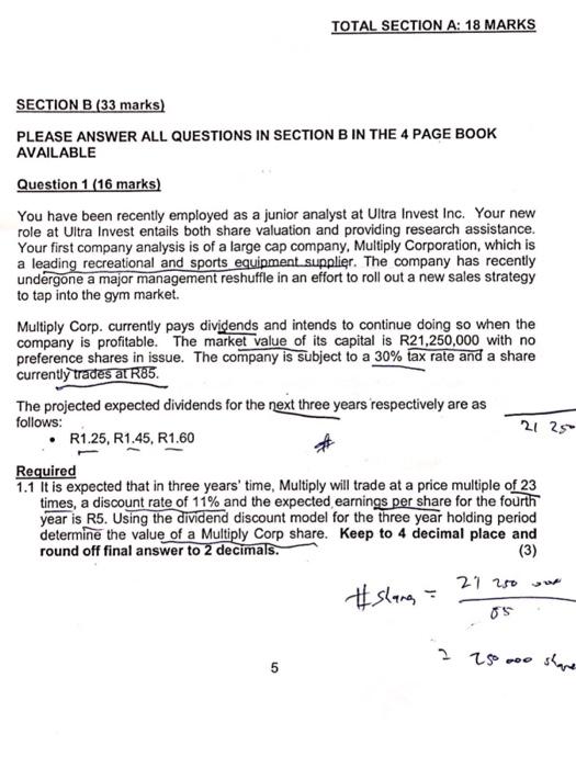  TOTAL SECTION A: 18 MARKS SECTION B (33 marks) PLEASE ANSWER