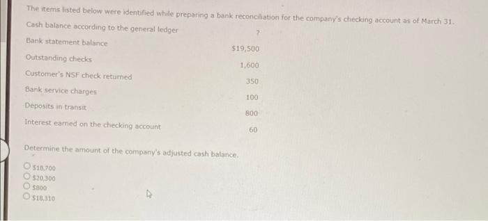  The items listed below were identified while preparing a bank reconciliation