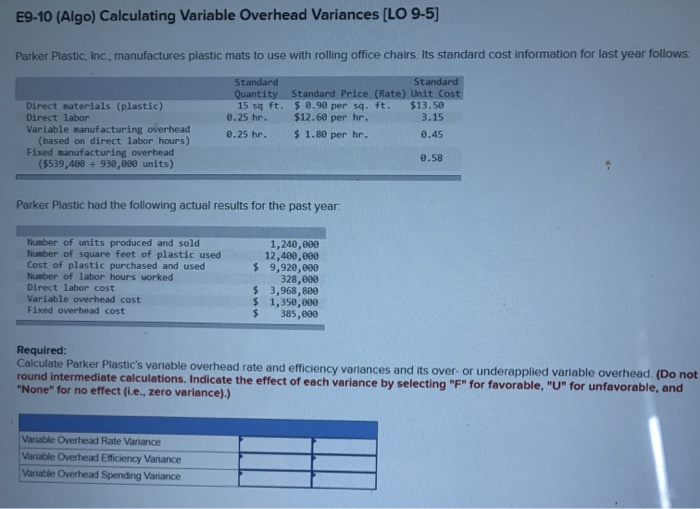  E9-10 (Algo) Calculating Variable Overhead Variances [LO 9-5] Parker Plastic, Inc.,