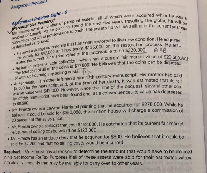  Assignment Problems Assignment Problem Eight - 8 Personal Use Property) be