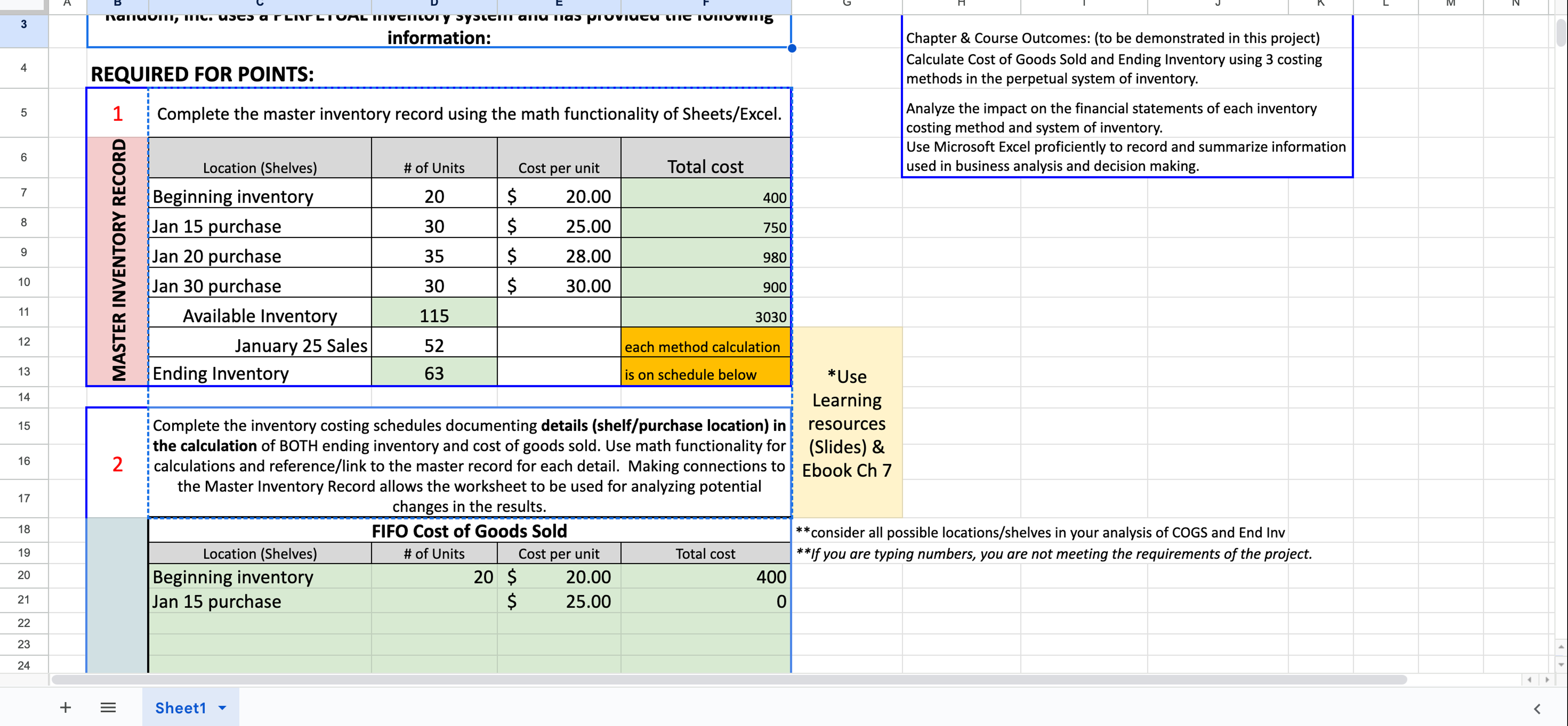  Complete the master inventory record using the math functionality of Sheets/Excel.