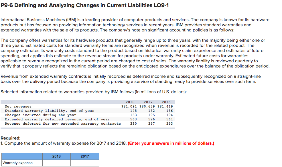  P9-6 Defining and Analyzing Changes in Current Liabilities LO9-1 International Business