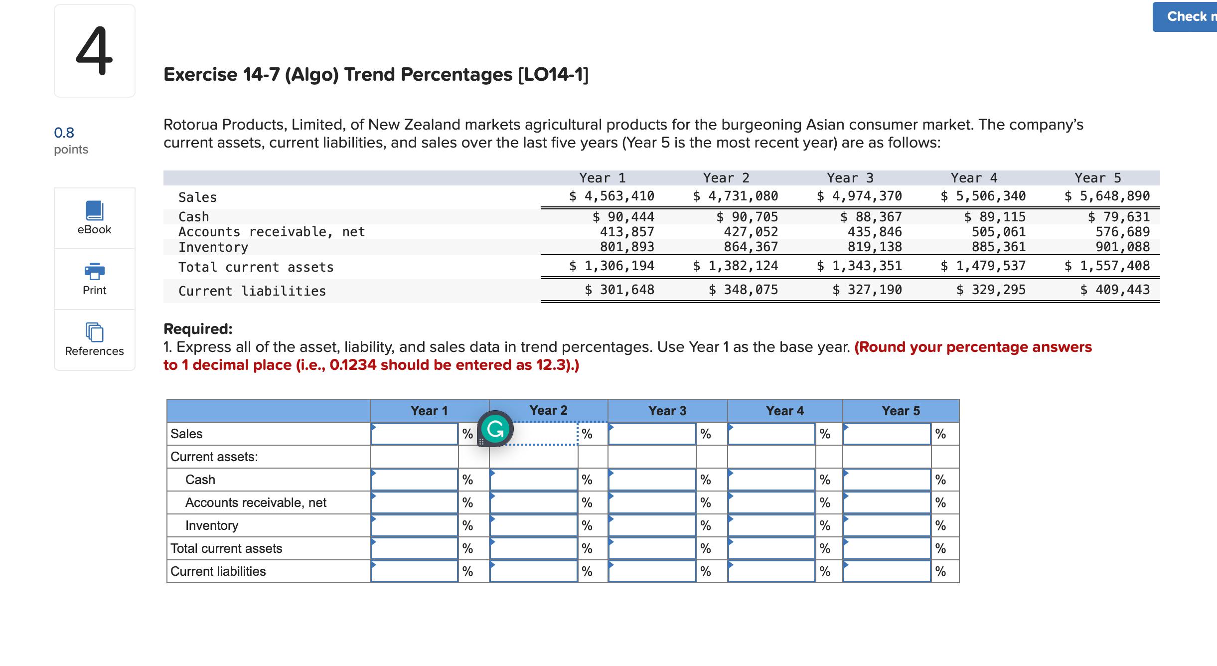  4 Exercise 14-7(Algo) Trend Percentages [L014-1] 0.8 points Rotorua Products, Limited,