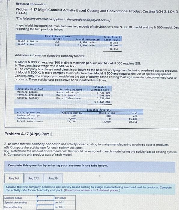  Required Information Problem 4-17 (Algo) Contrast Activity-Based Costing and Conventional Product