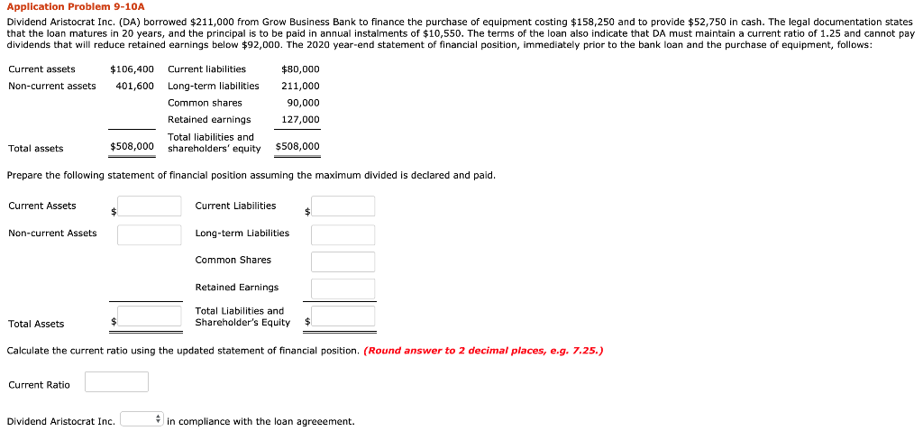 Application Problem 9-10A Dividend Aristocrat Inc. (DA) borrowed $211,000 from Grow