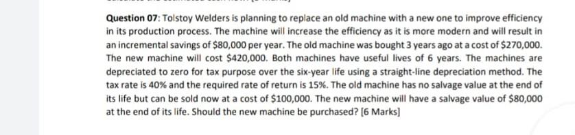 Question 07: Tolstoy Welders is planning to replace an old machine