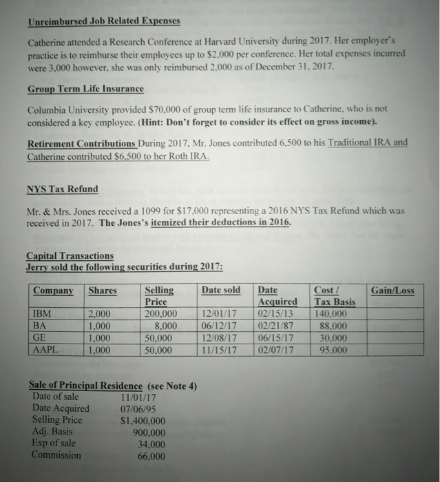 of information for Robert and Catherine Jones for the tax year 2017.
