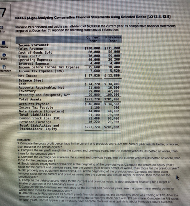  7 PA13-2 (Algo) Analyding Comparative Financial Statements Using Selected Ratlos [LO