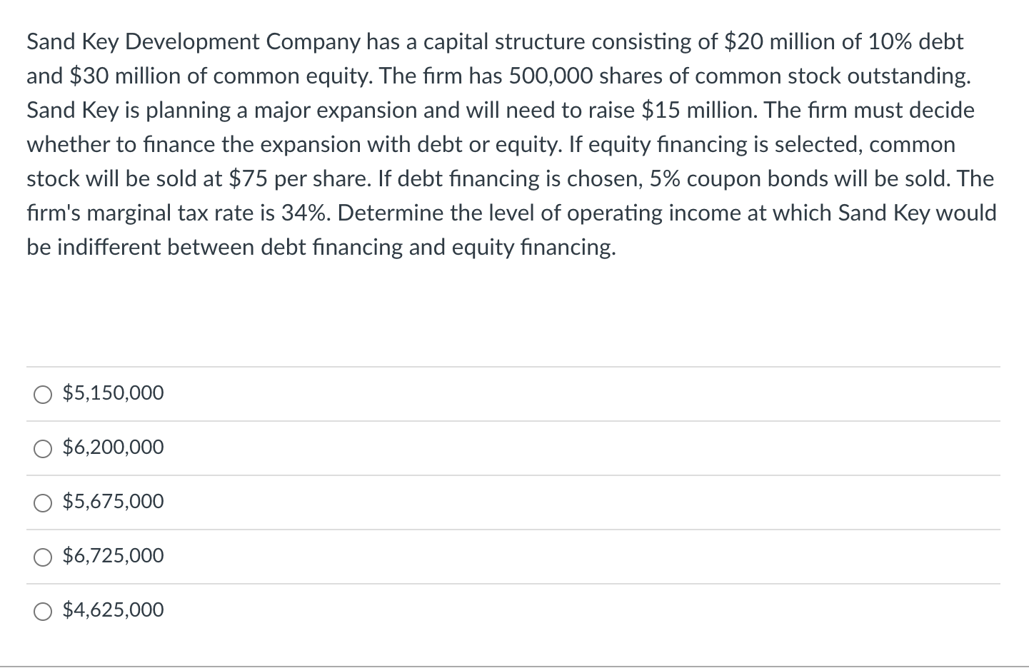 Sand Key Development Company has a capital structure consisting of $20 million