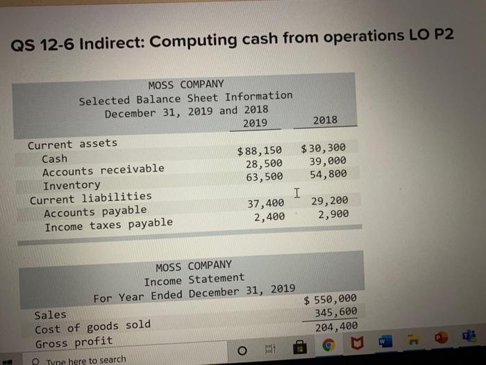 QS 12-6 Indirect: Computing cash from operations LO P2 QS 12-6 Indirect: