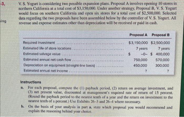  V.S. Yogurt is considering two possible expansion plans. Proposal A involves