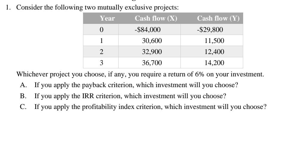  1. Consider the following two mutually exclusive projects: Whichever project you