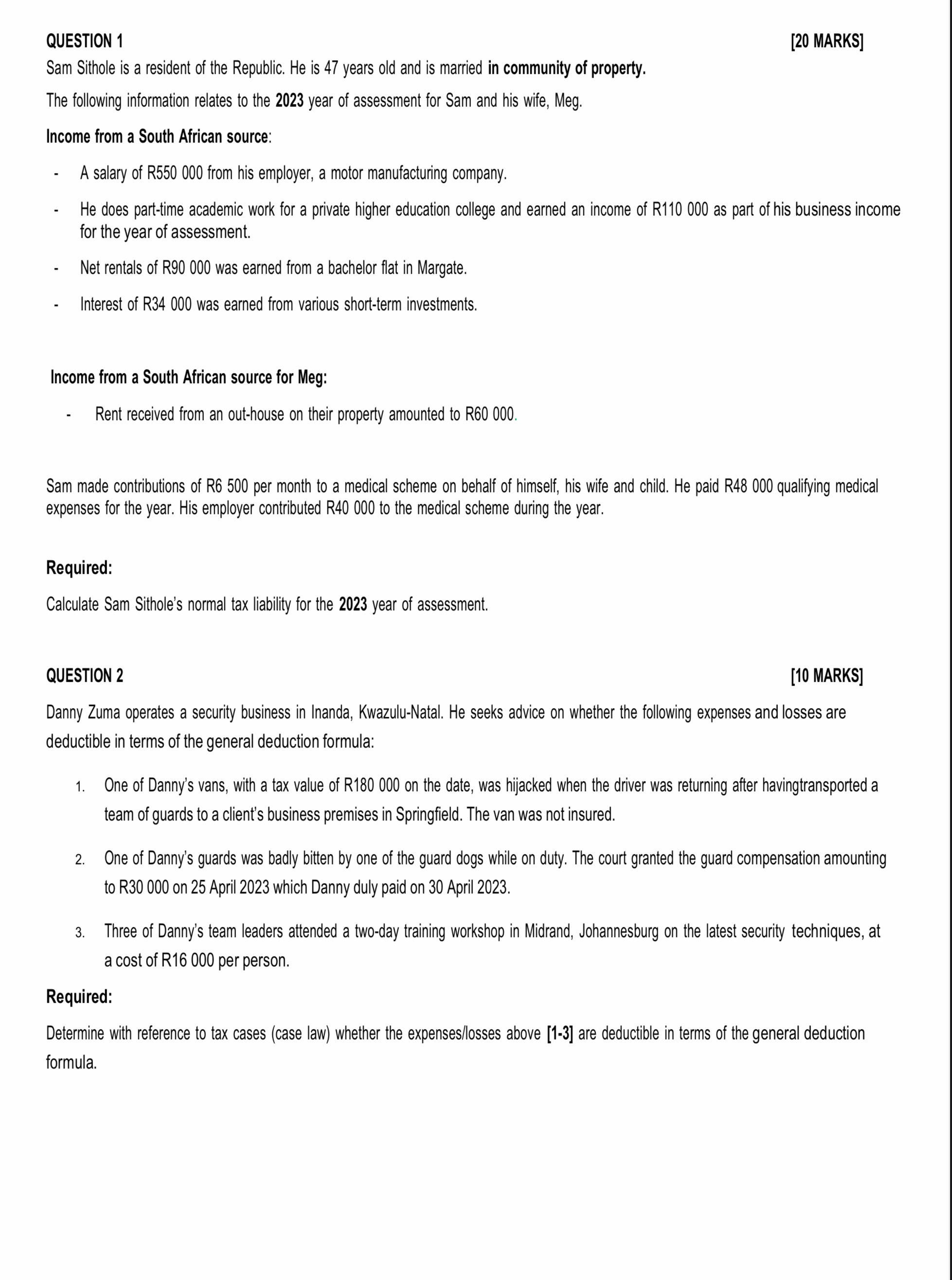  QUESTION 1 [20 MARKS] Sam Sithole is a resident of the