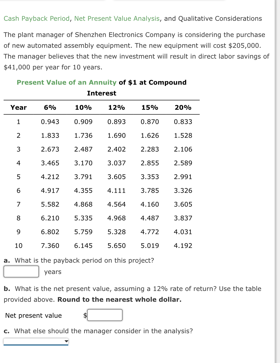  Cash Payback Period, Net Present Value Analysis, and Qualitative Considerations The