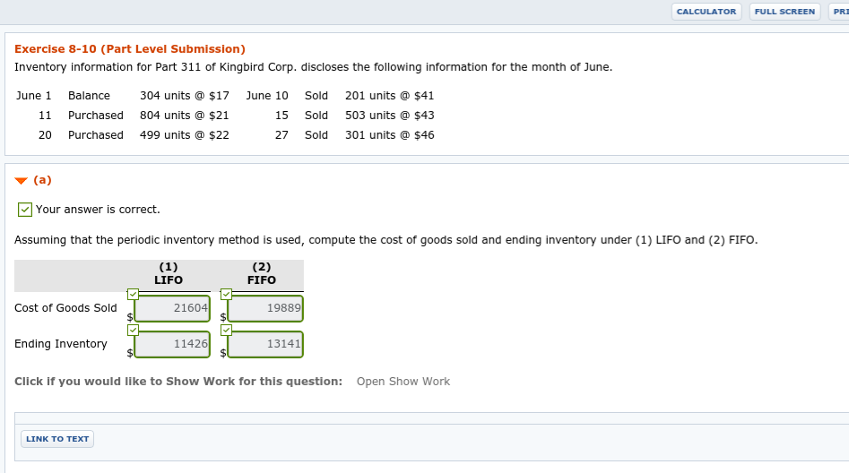 CALCULATOR FULL SCREEN PRI Exercise 8-10 (Part Level Submission) Inventory information