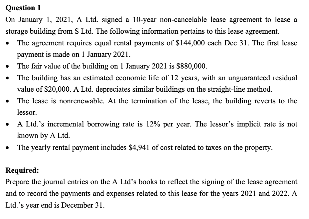  Question 1 On January 1,2021, A Ltd. signed a 10-year non-cancelable