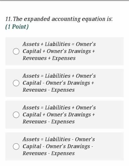  11. The expanded accounting equation is: (1 Point) Assets + Liabilities