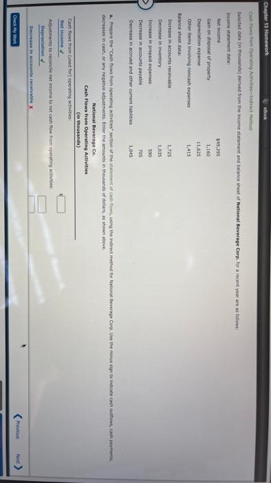  Please show working Chapter 13 Homework block Grows from Operating Activities--noirect