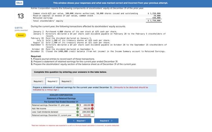 previous attempt 13 Kohler Corporation reports the following components of stockholders' equilty
