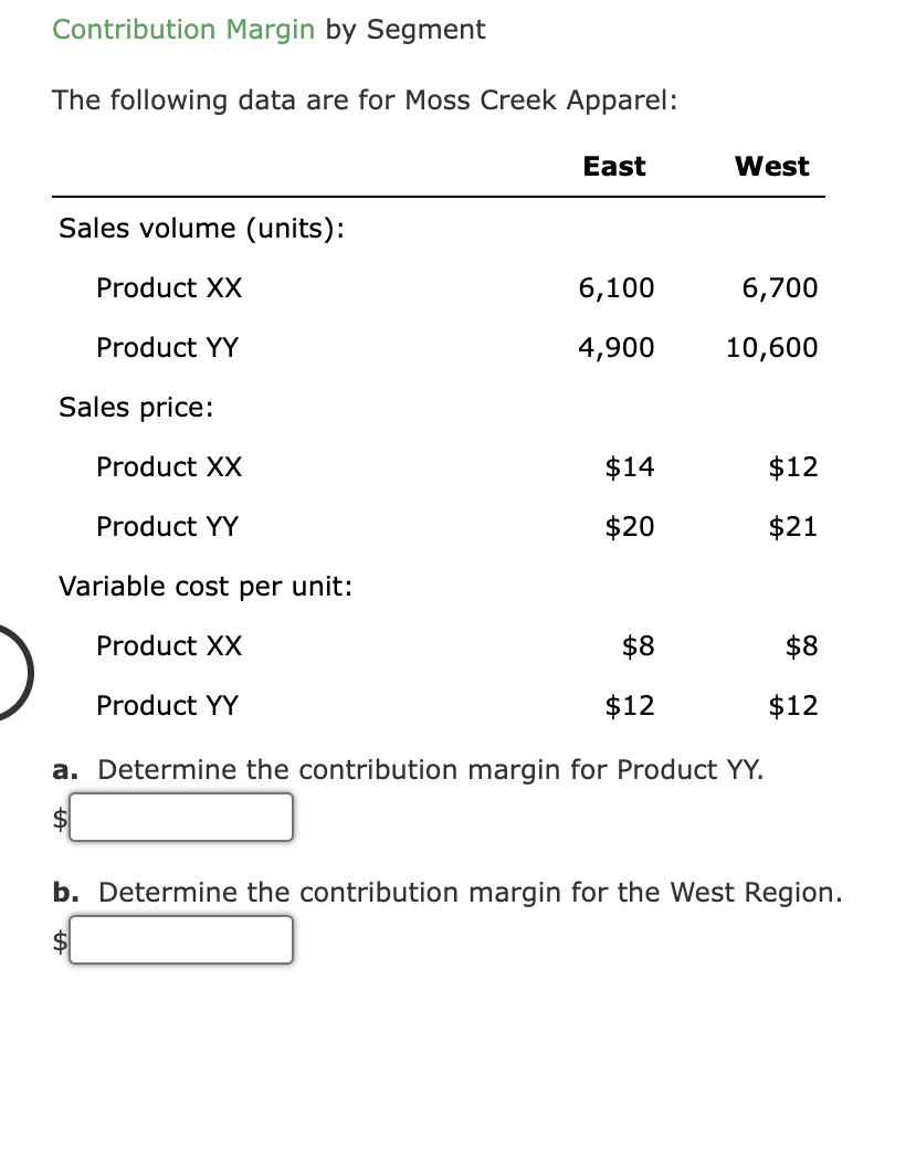  Contribution Margin by Segment The following data are for Moss Creek