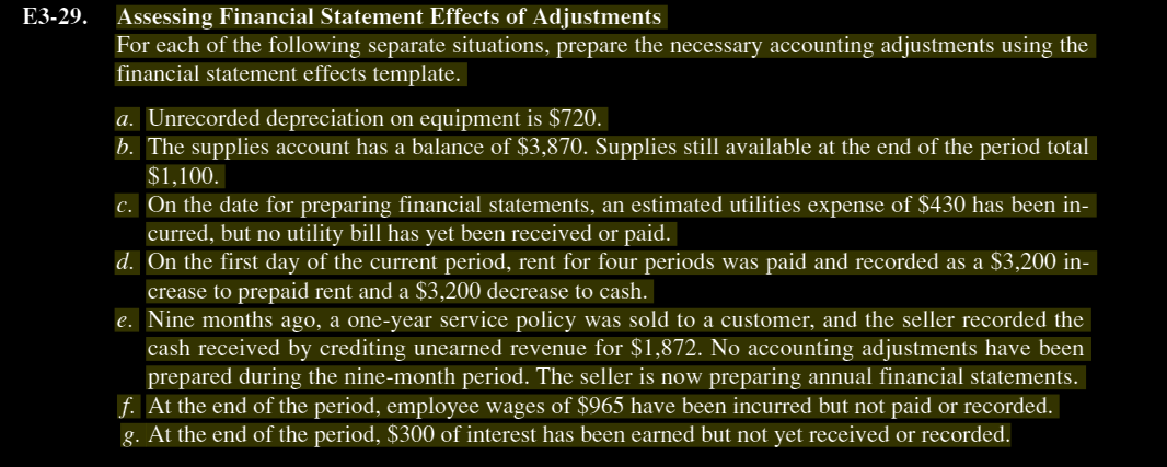  E3-29. Assessing Financial Statement Effects of Adjustments For each of the