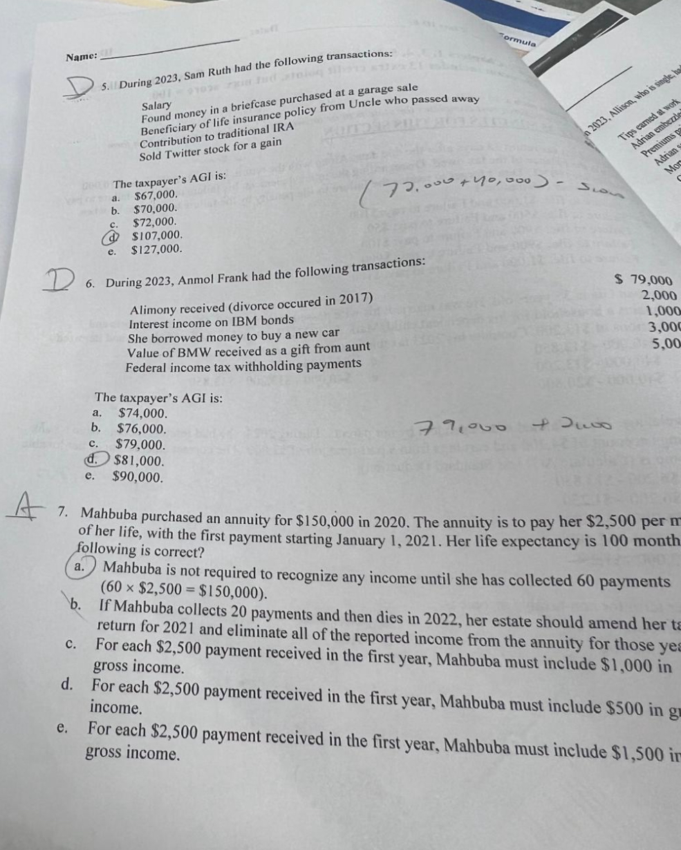  Name: 5. During 2023, Sam Ruth had the following transactions: Salary