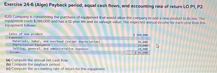 help please Exercise 24-6 (Algo) Payback period, equal cash flows, and accounting