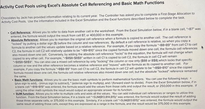 help please stivity Cost Pools using Excel's Absolute Cell Referencing and Basic