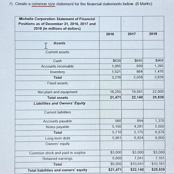7) Create a common size statement for the financial statements below. (6