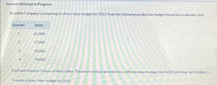  Current Attempt in Progress Bramble Company is preparing its direct labor