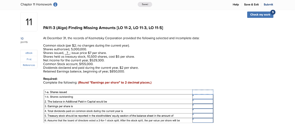  Chapter 11 Homework A Saved Help Save & Exit Submit Check