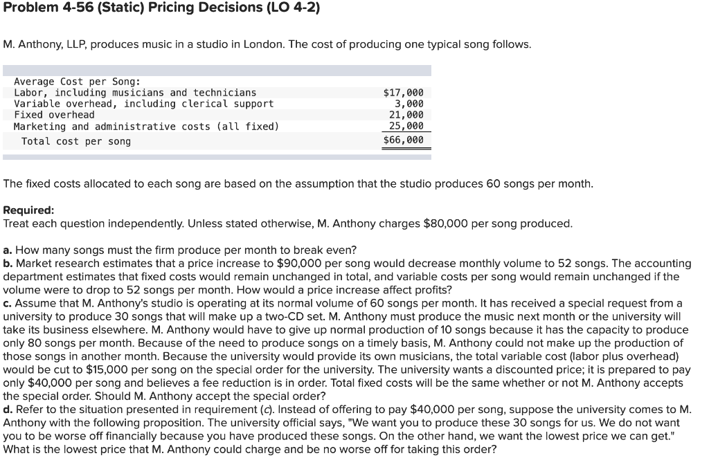 Problem 4-56 (Static) Pricing Decisions (LO 4-2) M. Anthony, LLP, produces