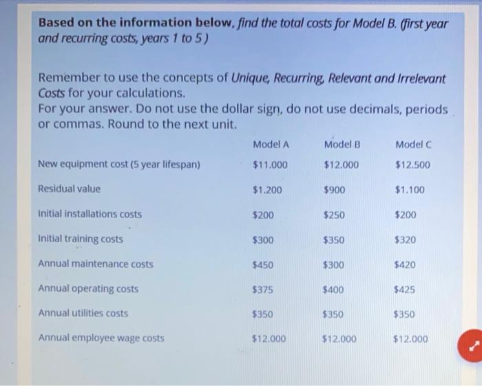  Based on the information below, find the total costs for Model