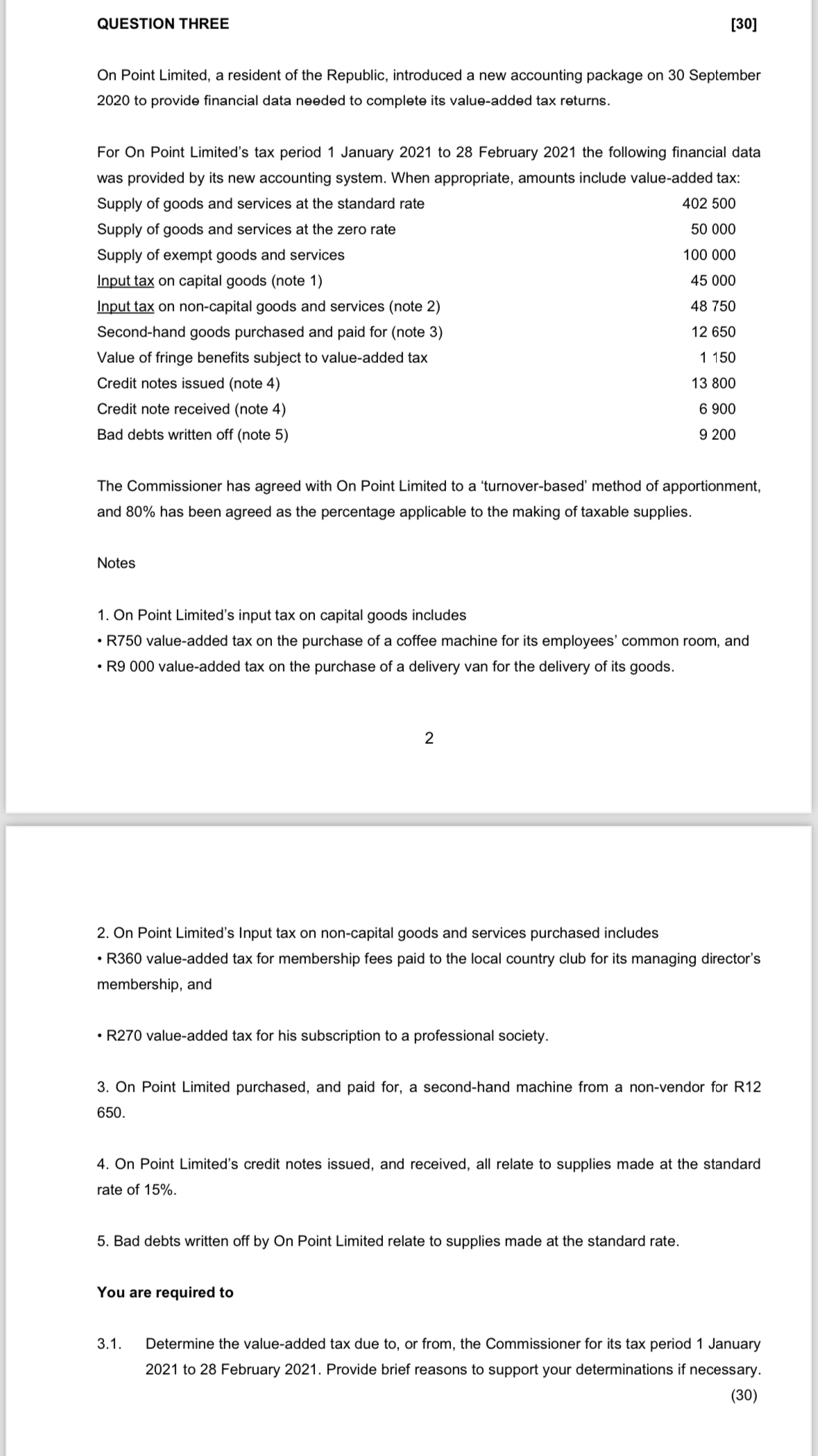  QUESTION THREE [30] On Point Limited, a resident of the Republic,