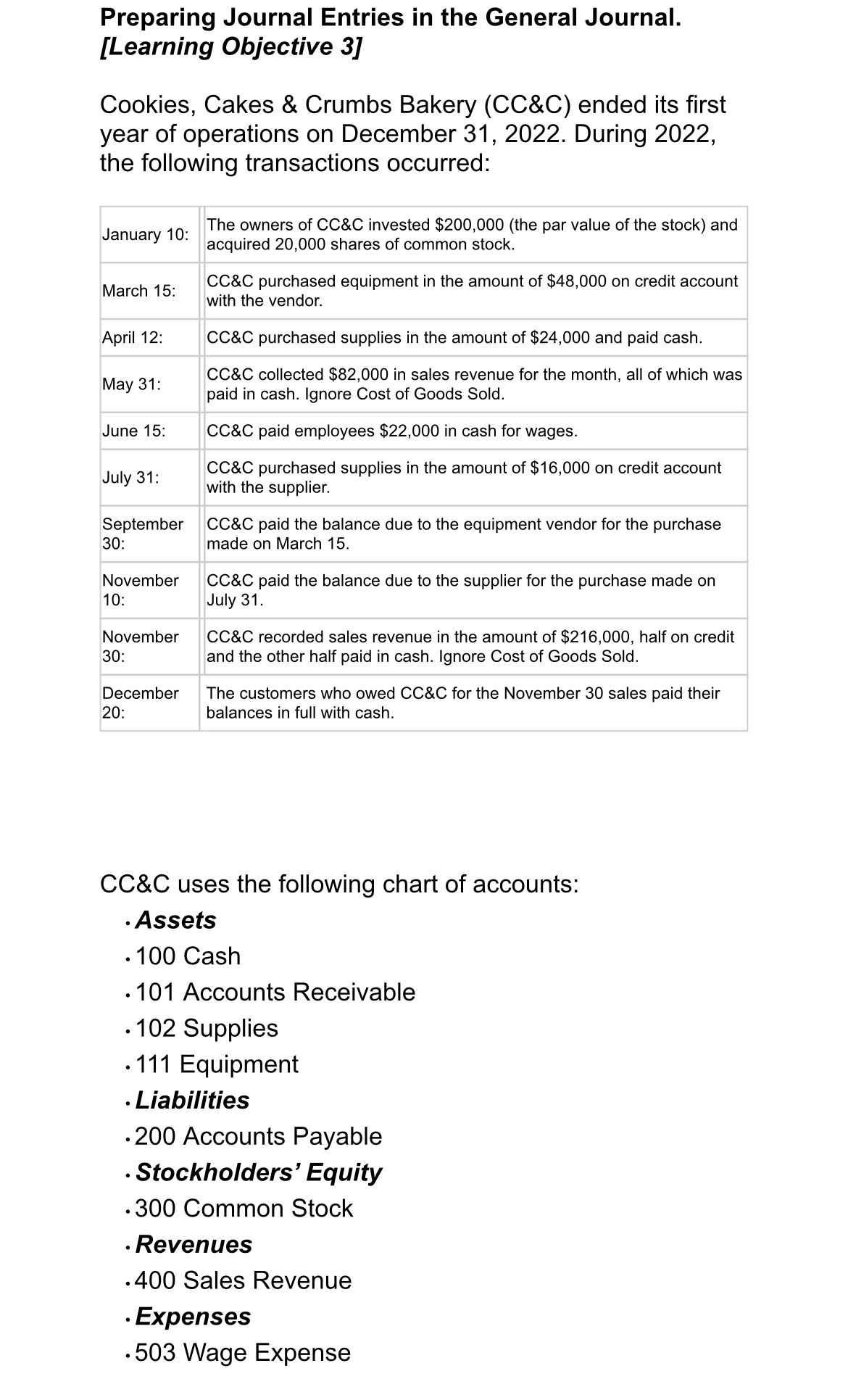  Prepare Journal entries in the general format CC&C's transactions using appropriate