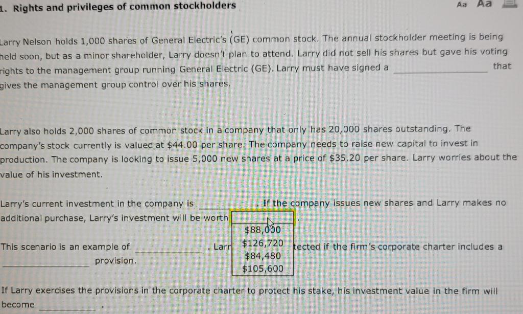 nore. 1. Rights and privileges of common stockholders Aa Aa Larry Nelson