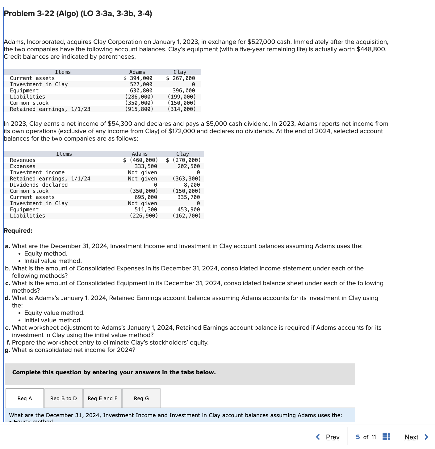  Problem 3-22(Algo)(LO 3-3a,3-3b,3-4) Adams, Incorporated, acquires Clay Corporation on January 1,2023,