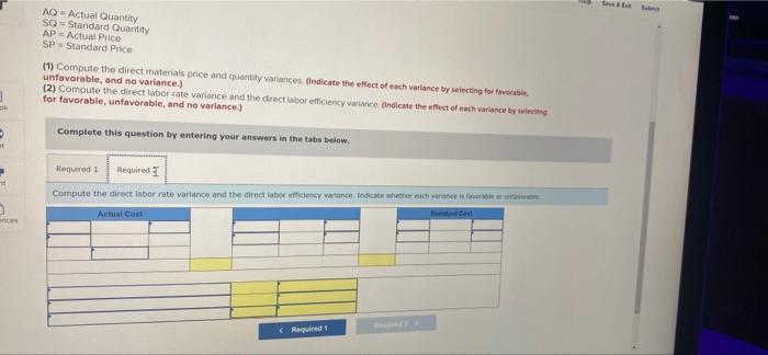 the following standard direct materials and direct labor costs per unit for