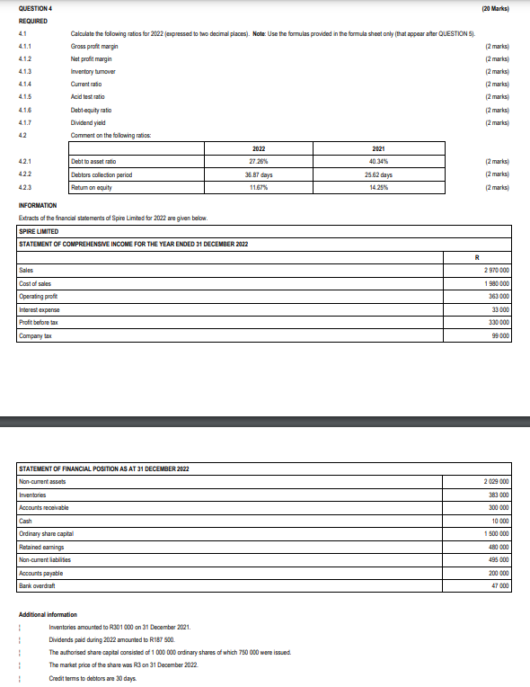  Question 4 (20) Marks) REQUIRED 4.1 4.1.1 4.1.2 4.1.3 4.1.4 4.1.5