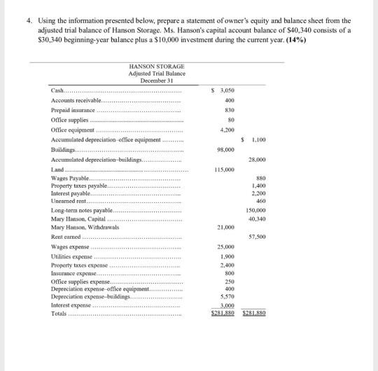  4. Using the information presented below, prepare a statement of owner's