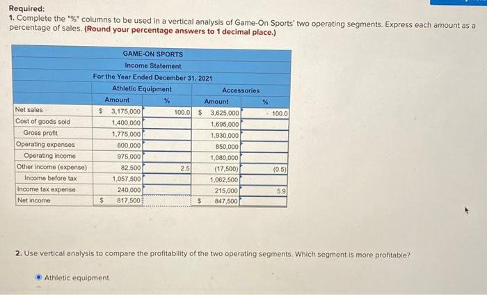  Required: 1. Complete the "%" columns to be used in a