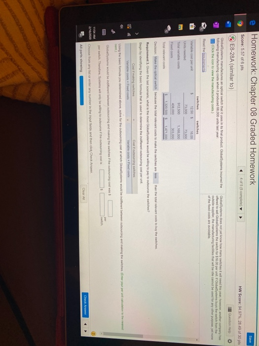 94.97%, 28.49 of 30 pts Question Help GlobalSystems manufactures an optical switch