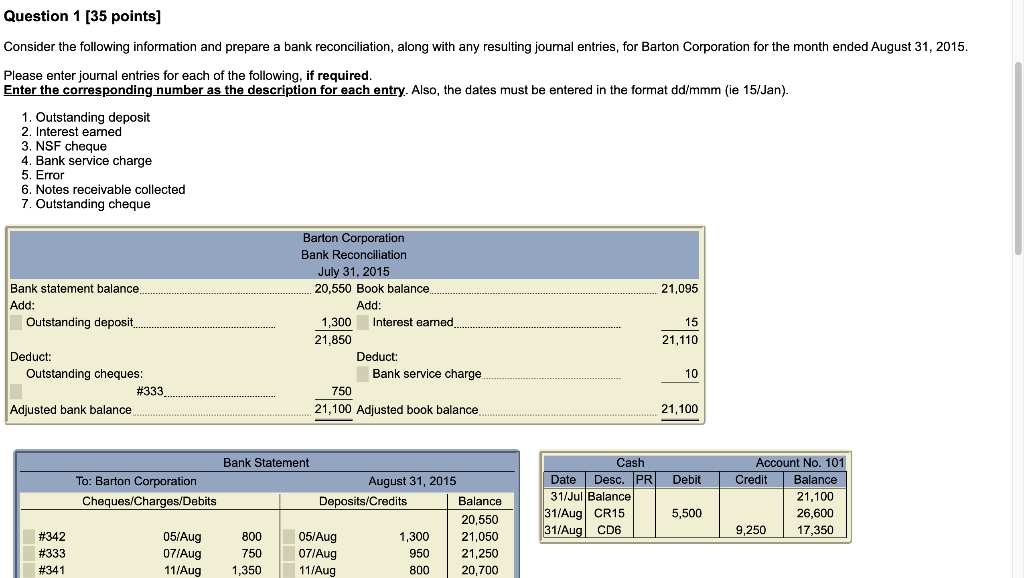 Question 1 [35 points] Consider the following information and prepare a bank